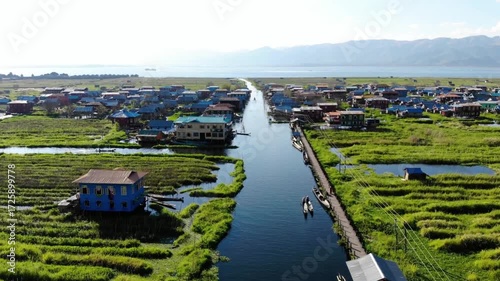 Aerial view of inle lake with houses on stilts and floating gardens