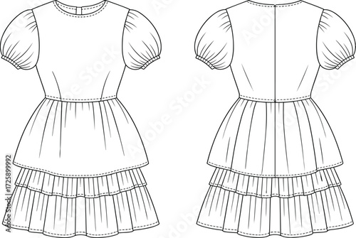 Vector fashion technical flat sketch of girls tiered dress with puff sleeves, round neckline, fitted bodice, gathered skirt, back seam illustration