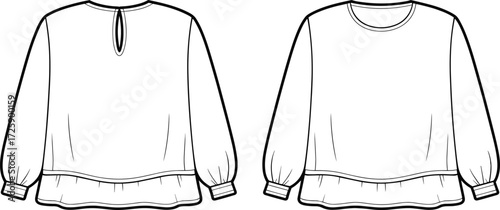 Vector fashion technical flat sketch of women blouse with puff long sleeves, round neckline, ruffle hem, gathered cuffs, keyhole back closure