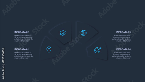 Neumorphic flowchart dark iinfographic. Creative concept for infographic with 4 steps or processes.
