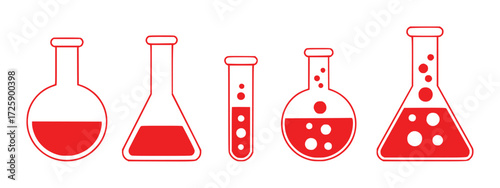 Collection of Red Laboratory Glassware with Bubbles and Liquid