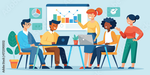 Business Meeting. Vector cartoon illustration in a flat style of a group of diverse people leading a discussion at a table near a whiteboard with charts and graphs. Isolated on background