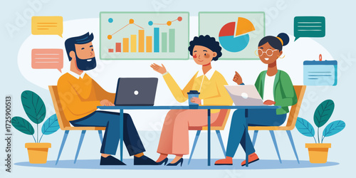 Business Meeting. Vector cartoon illustration in a flat style of three diverse people leading a discussion at a table near a whiteboard with charts and graphs. Isolated on background