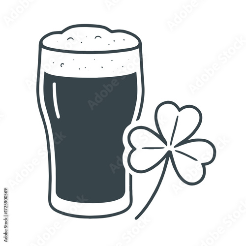 Dark beer in a glass with a clover leaf illustration  