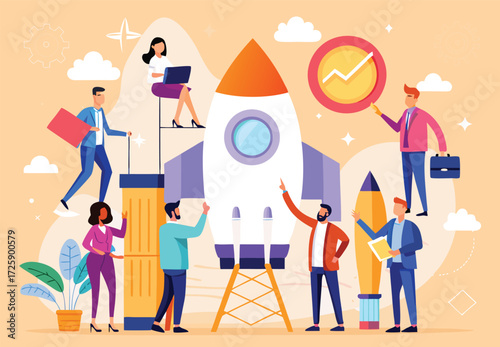Business Startup Concept. Vector cartoon illustration of a group of diverse people in business suits assembling a rocket for launch. Isolated on background