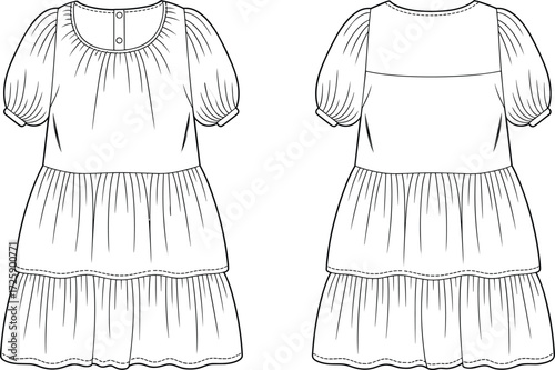 Vector fashion technical flat sketch of tiered dress with puff sleeves, round neckline, gathered bodice, button placket, yoke back illustration