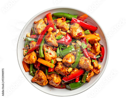 Kung pao chicken with vegetables in white bowl isolated png transparent background