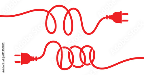 Red Electrical Plugs and Tangled Cords on White Background