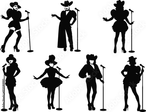 A set of elegant drag queen silhouettes in various poses with microphones and cowboy hats, perfect for performance art and entertainment designs.