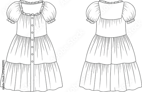 Vector fashion technical flat sketch of ruffle dress with gathered neckline, puff sleeves, tiered skirt, button front closure garment illustration