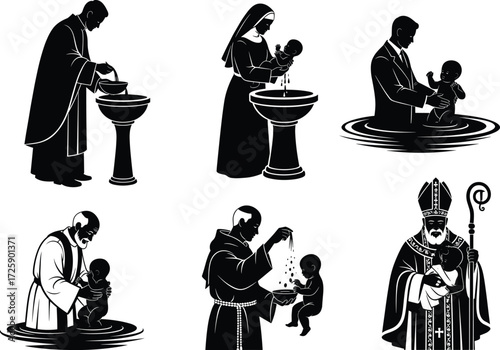 Christian Baptism Silhouette Icons Set Featuring Priests, Nuns, Bishops, and Babies in Various Religious Ceremonies