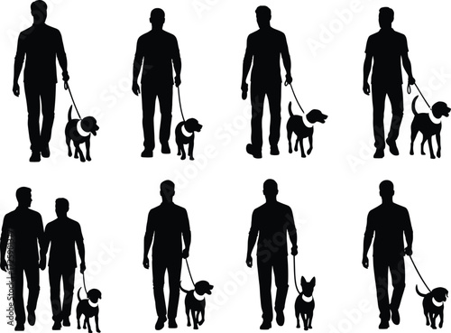 Collection of dog walking silhouettes showing men with pets on leashes, symbolizing companionship, outdoor lifestyle, healthy activity, friendship, and care.