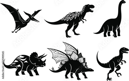 Dinosaur silhouette vector set with prehistoric creatures, flying reptiles, fantasy wings, Jurassic animals, black design, mythical illustration collection