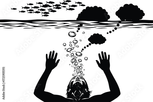 Drowning person underwater with bubbles rising to surface, fish swimming above, trees on shore, dramatic silhouette illustration