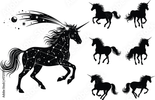 Magical unicorn silhouette with starry constellation body and cosmic tail, ideal for fantasy, astrology, and mystical vector design projects.