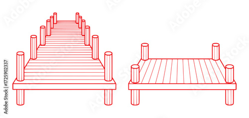 Two Red Line Art Illustrations of Wooden Docks with Posts