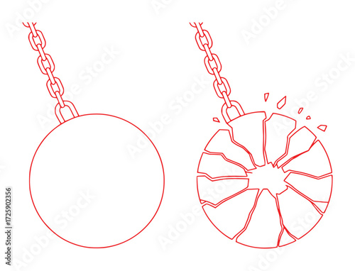 Wrecking Ball Intact and Shattered, Red Outline Illustration