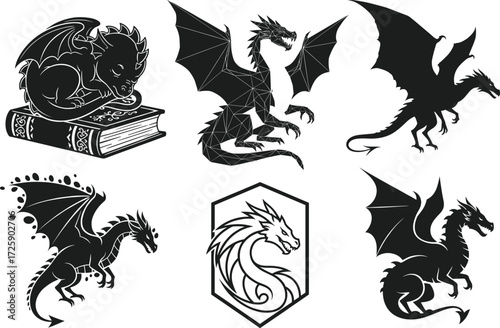 Six Black Dragon Silhouette Vector Icons Featuring Bookworm, Geometric, and Heraldic Styles for Fantasy, Tattoo, and Logo Design