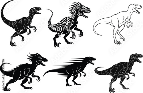 Stylized T-Rex dinosaur vector set with geometric, tribal, and dynamic designs — perfect for logos, tattoos, and fantasy art.