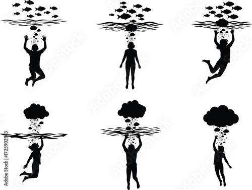 Surreal vector illustration of people underwater with clouds and fish, creative silhouette concept design for mental health, stress, imagination theme