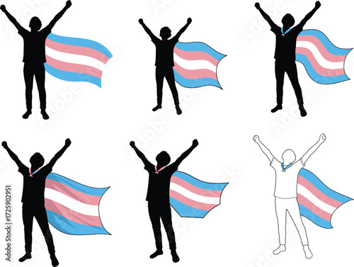 Transgender pride vector illustration with silhouette person holding flag as cape, LGBT equality symbol, freedom celebration, inclusive diversity graphic design