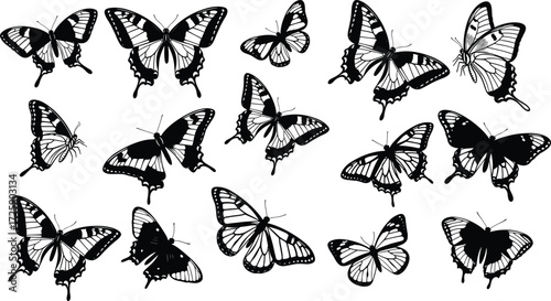 Butterfly silhouette collection, black vector clipart, wing pattern icons, insect species illustration, nature design elements, entomology graphics