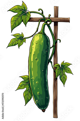 A cucumber hanging from a trellis, with fresh green leaves and an organic gardening atmosphere on a transparent background