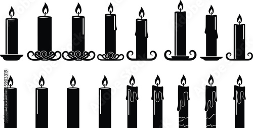 Candle silhouette collection, black vector clipart, melting stages, decorative holders, flame icons, time passage illustration, wax design elements