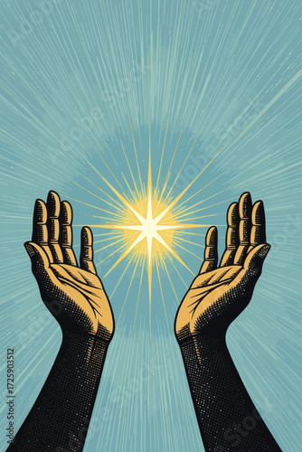 Reach for the stars with hands up to the light, a symbol of hope, faith, and aspiration against a vibrant blue backdrop radiating positivity