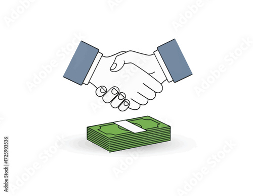 A hand-drawn vector illustration of a business handshake sealing a deal over a stack of cash, symbolizing a successful financial transaction or agreement