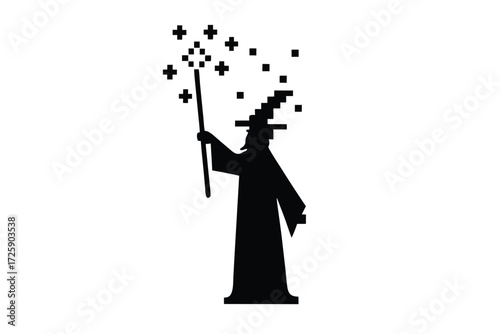 Pixelated wizard casts digital magic with a staff, creating a pixelated arc spell