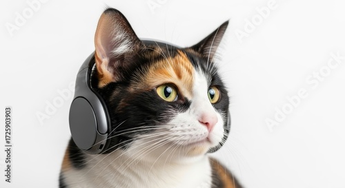cat wearing headphones, listening to music, on a solid white background