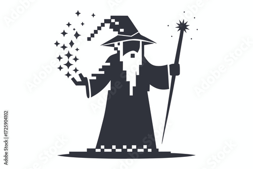 Pixelated wizard casts star shaped magic with a glowing star wand, appearing mysterious