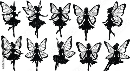 Fairy silhouette collection, black vector clipart, fantasy winged icons, magical creature poses, folklore illustration, enchanted design elements