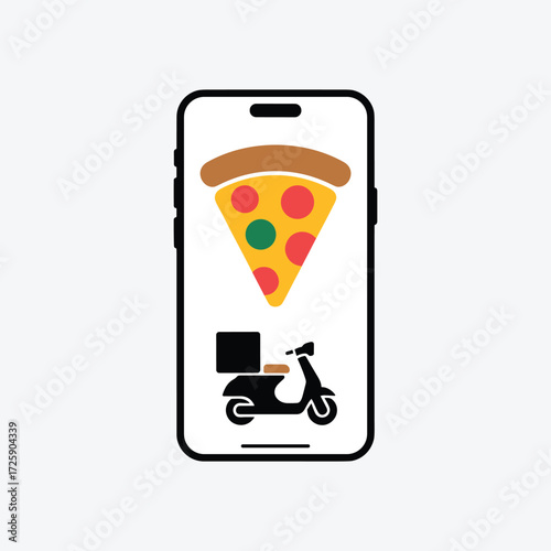 A smartphone displays icons for online pizza ordering and fast food delivery service.