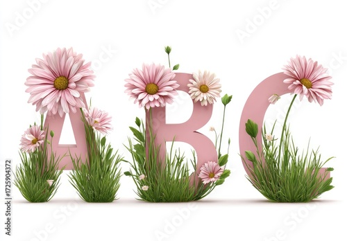 Pink letters A B C surrounded by flowers and grass on a white background