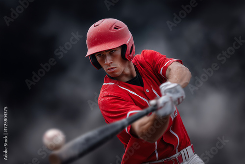 A baseball player in a red uniform swings a bat at a ball