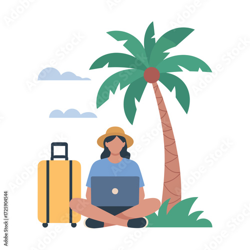 A digital nomad is shown working remotely on her laptop under a palm tree next to a suitcase, symbolizing a flexible and travel-oriented lifestyle.