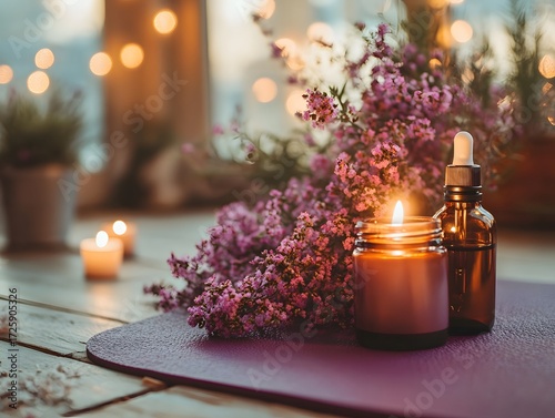 Relaxing Spa Scene with Candle, Essential Oil, and Flowers