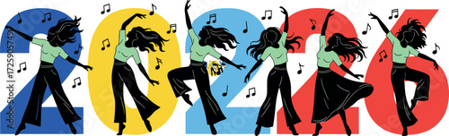 Colorful dancing women celebrating between 2023 and 2026 with music, joy, pom-poms, and vibrant typography for festive vector design