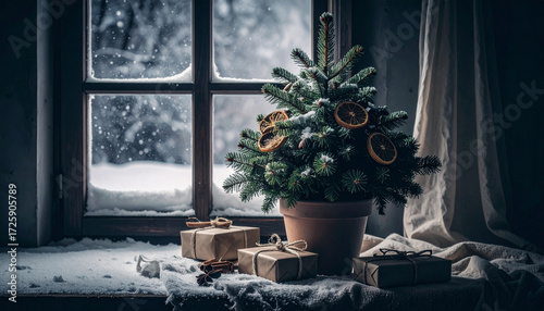 Living Christmas Tree in Pot. Vegan Lifestyle. Generated Image