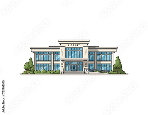 Modern public library building vector illustration, an inviting architectural design of a contemporary community knowledge hub, symbolizing education and academic pursuits