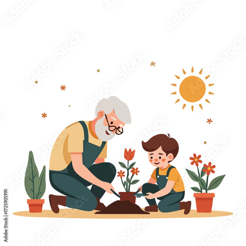 Flat vector illustration for Grandparents Day with elderly couple and grandchildren in playful, cozy scenes, solid color minimalist design, perfect for cards, banners, and social media.