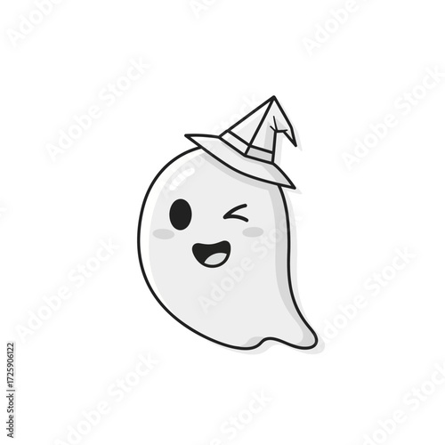 Cute cartoon ghost wearing a witch's hat, winking and smiling.
