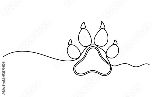 Continuous one line drawing of a animal paw pad, One line drawing of a dog paw print in minimalist vector outline style, isolated on white background.
