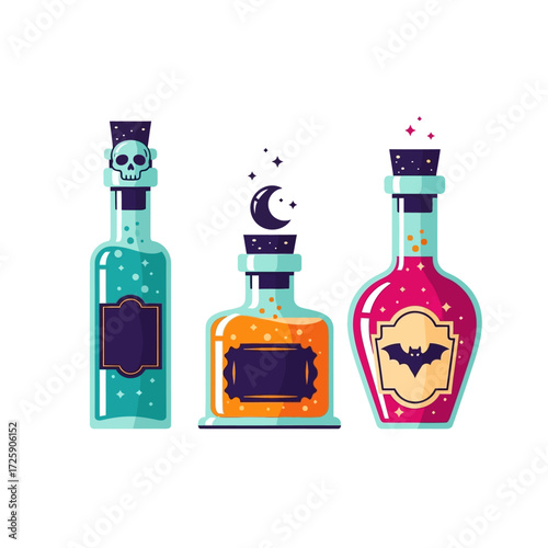 A set of three colorful magic potion bottles with decorative stoppers, featuring a skull, moon, and bat, in a flat vector illustration style.