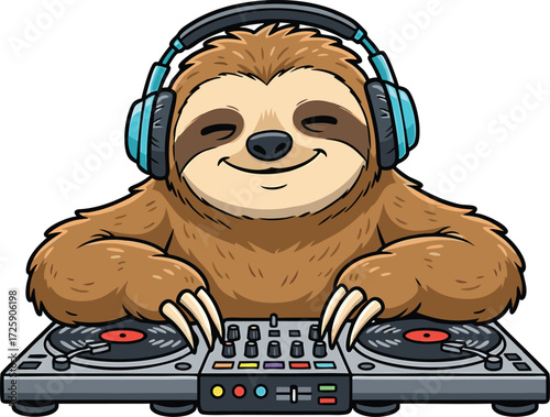 Cartoon Sloth DJ Wearing Headphones Playing Turntables on White Background animal illustration