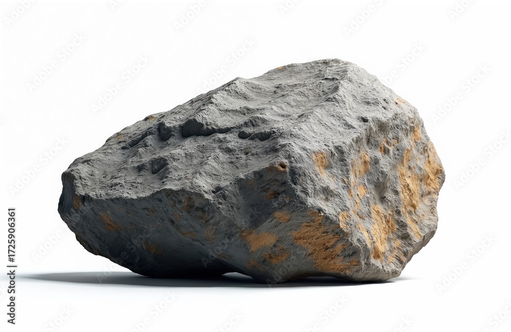 Fototapeta premium Single rough gray boulder isolated on white background. Textured natural stone with visible mineral deposits. Solid object ideal for geology, construction, or design projects.