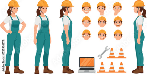 Female construction worker character set with multiple poses, facial expressions, tools, and safety elements for animation, education, and design use.