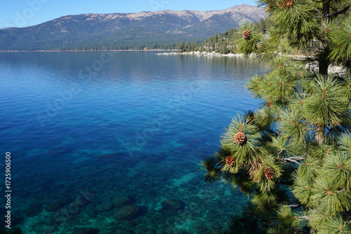 panoramic view of clear water, rocks and sand in beautiful lake Tahoe, Ca, USA, on a sunny day near Sand harbor